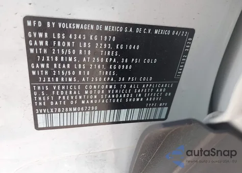 2022 Volkswagen Taos 1.5T Se из США, поврежденный, VIN 3VVLX7B28NM067290